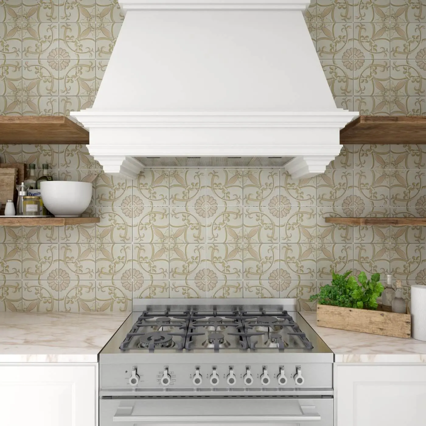 Decorative Latin Accents porcelain tile in a kitchen backsplash