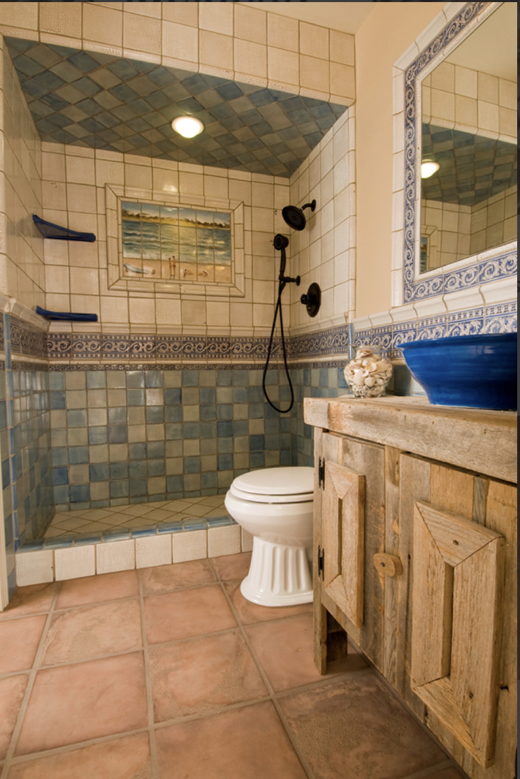 Prados hand-crafted decorative tile and custom mural in a shower niche